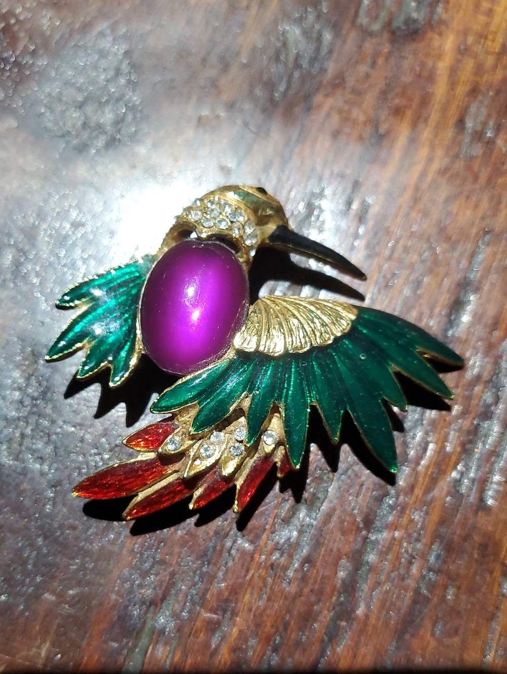 Vintage Green, Purple & Red Bird Brooch Gold Tone Sparkle Gems Colorful Bold Vtg